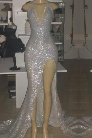 Meerjungfrau-Ballkleid mit Schlitz vorne, tiefem V-Ausschnitt, Neckholder und Pailletten