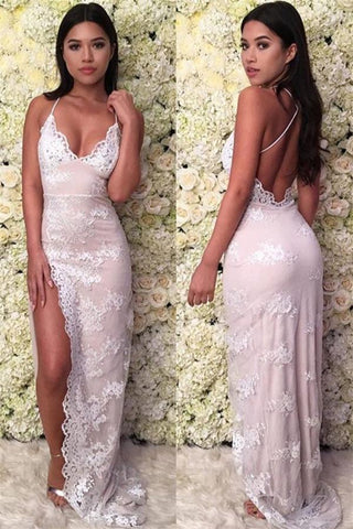 Meerjungfrau Glamouröse Spaghettiträger Spitzenapplikationen Rückenfreies Ballkleid