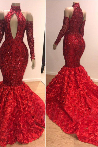 Meerjungfrau Hoher Kragen Lange Ärmel Kapelle Pailletten Handgemachte Blume Ballkleid