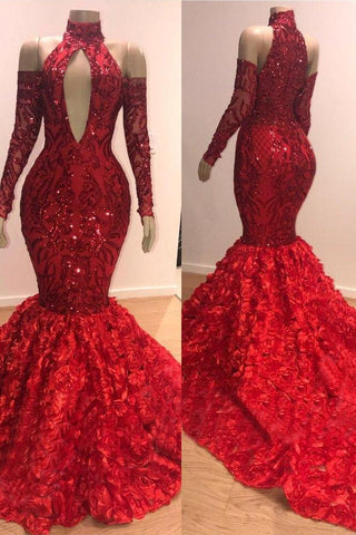Meerjungfrau Hoher Kragen Lange Ärmel Kapelle Pailletten Handgemachte Blume Ballkleid