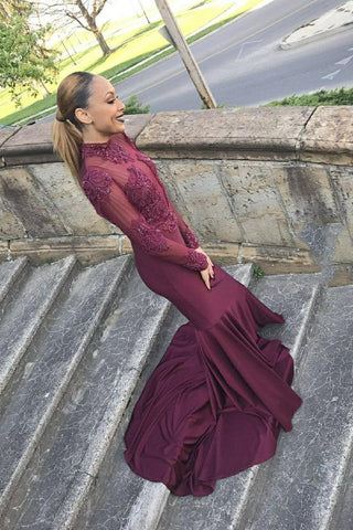 Meerjungfrau-Abschlussballkleid mit hohem Kragen, langen Ärmeln, bodenlang, Chiffon und Perlen