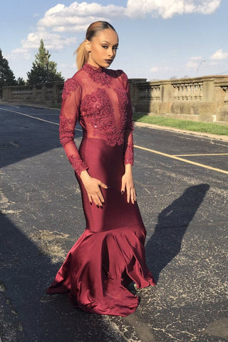 Meerjungfrau-Abschlussballkleid mit hohem Kragen, langen Ärmeln, bodenlang, Chiffon und Perlen
