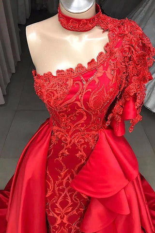 Meerjungfrau High Neck One Shoulder Lange Halbarm Applikationen Spitze Mit Seitenschleppe Ballkleider