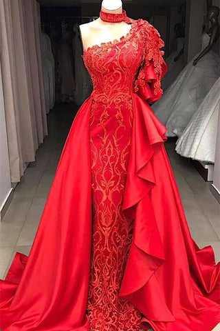 Meerjungfrau High Neck One Shoulder Lange Halbarm Applikationen Spitze Mit Seitenschleppe Ballkleider
