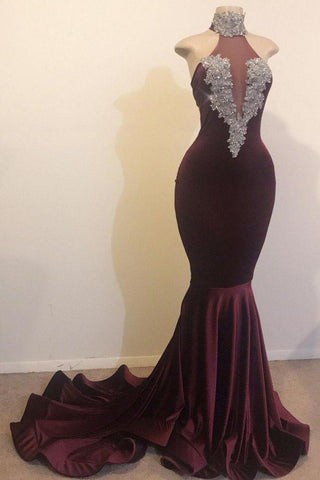 Meerjungfrau Offener Rücken Schickes High-Neck Silber Partykleid Perlen Applikationen Abendkleider