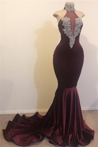 Meerjungfrau Offener Rücken Schickes High-Neck Silber Partykleid Perlen Applikationen Abendkleider