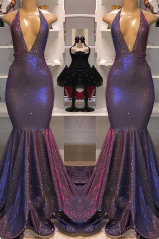 Mermaid Sexy Deep V-Neck Halter Chapel Ruffle Hem Paillette Prom Dress