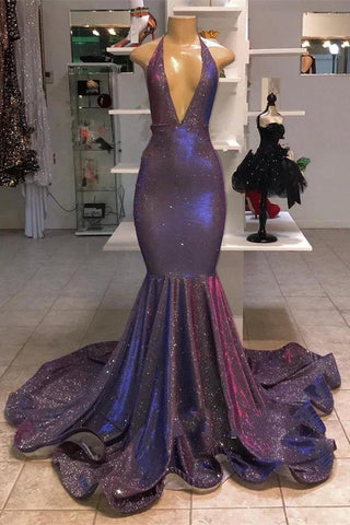 Mermaid Sexy Deep V-Neck Halter Chapel Ruffle Hem Paillette Prom Dress
