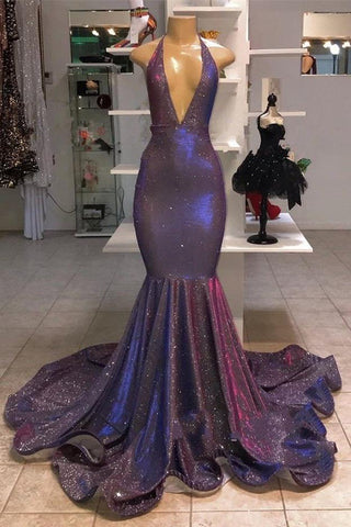 Mermaid Sexy Deep V-Neck Halter Chapel Ruffle Hem Paillette Prom Dress