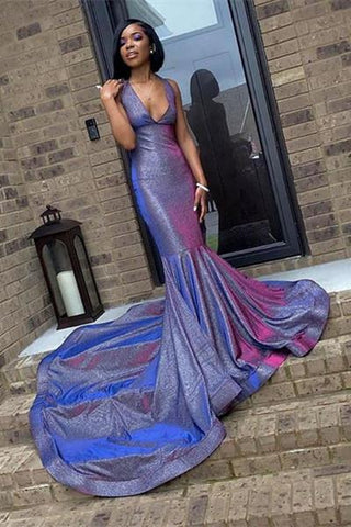 Mermaid Sexy Deep V-Neck Halter Chapel Ruffle Hem Paillette Prom Dress