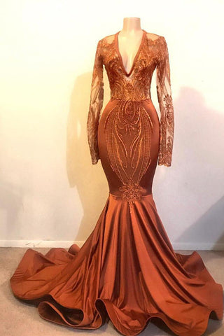 Mermaid Sexy Deep V-Neck Long Sleeves Floor Length Chiffon Embroidery Prom Dress