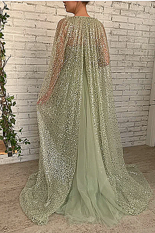 Mermaid Strapless Lace Sequins Sleeveless Long With Shawl High Split Prom Dresses
