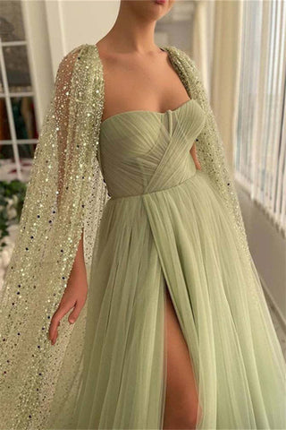 Mermaid Strapless Lace Sequins Sleeveless Long With Shawl High Split Prom Dresses