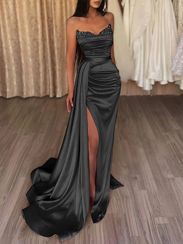 Mermaid Evening Gown Sexy Dress Prom Court Train Sleeveless Strapless Satin with Slit Pure Color