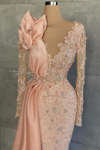 Mermaid V-neck Beading Sequins Long Long Sleeve Appliques Lace Flower Prom Dresses