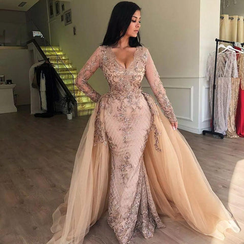 Mermaid V-Neck Long Sleeves Appliques Prom Dresses with Detachable Skirt