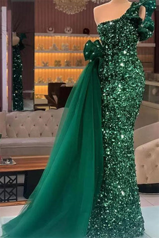 Mermaidal Lace Sequins Sleeveless Long Bowknot With Side Train Prom Dresses