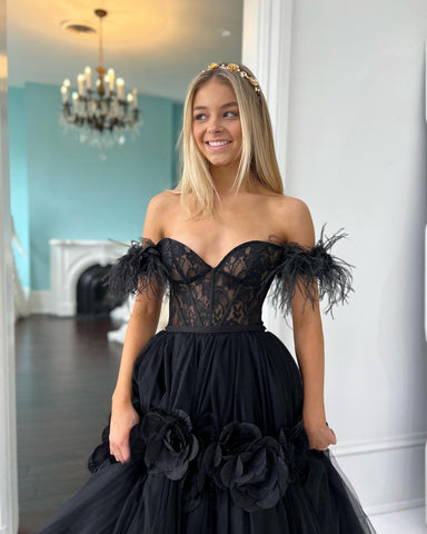 Princess A-Line Off the Shoulder Lace Tulle Prom Dress