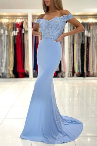 Modern Blue Off-the-shoulder Mermaid Prom Dresses With Lace