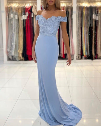 Modern Blue Off-the-shoulder Mermaid Prom Dresses With Lace