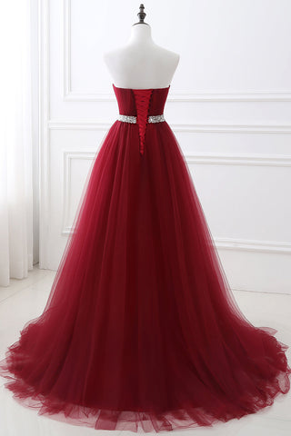 Modern Burgundy Long Prom Dress Tulle Crystal Evening Gown Sweetheart