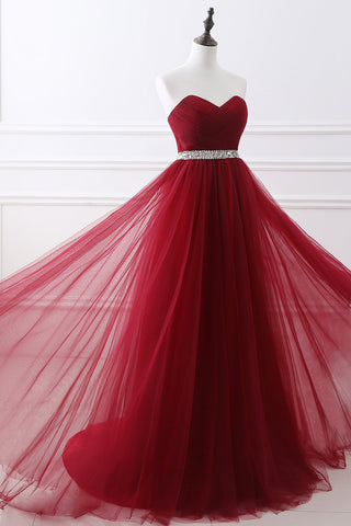 Modern Burgundy Long Prom Dress Tulle Crystal Evening Gown Sweetheart