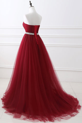 Modern Burgundy Long Prom Dress Tulle Crystal Evening Gown Sweetheart