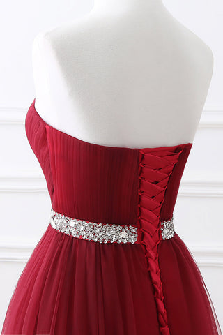 Modern Burgundy Long Prom Dress Tulle Crystal Evening Gown Sweetheart