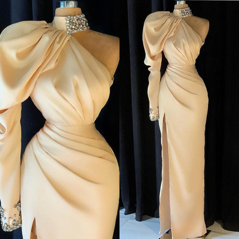 Modern High Neck Long Sleeve Crystal Prom Dress Mermaid With Split