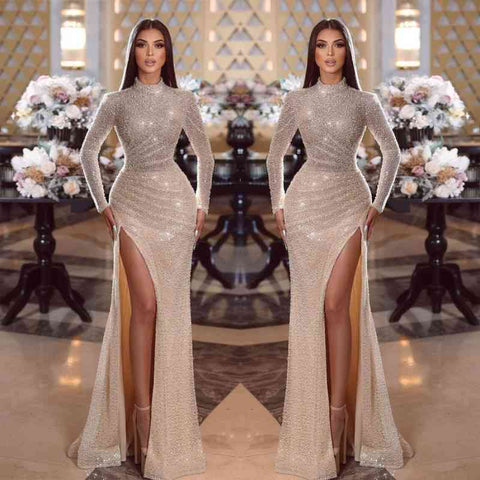 Modern High Neck Long Sleeves Prom Dresses Mermaid Sequins With Slit