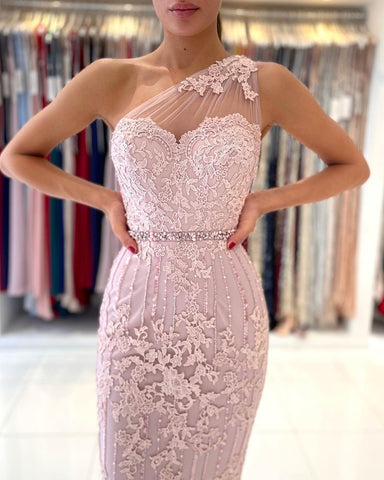 Modern Lace Sheath Prom Dress On Sale With Crystal One Shoulder