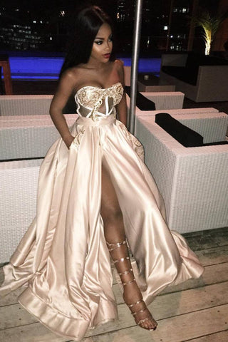 Modern Long Prom Dress Slit Ball Dresses Appliques Sweetheart