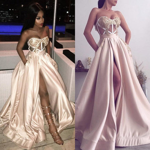 Modern Long Prom Dress Slit Ball Dresses Appliques Sweetheart