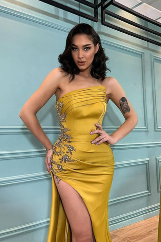 Modern Mermaid Evening Dress Appliques Split Strapless