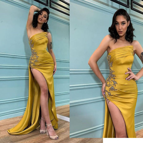 Modern Mermaid Evening Dress Appliques Split Strapless