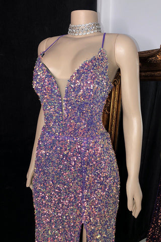 Modern Spaghetti-Straps Sequins Prom Dresses Mermaid Sleeveless With Slit