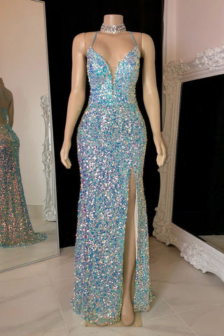 Modern Spaghetti-Straps Sequins Prom Dresses Mermaid Sleeveless With Slit