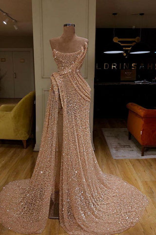 Modern Strapless Mermaid Prom Dress Long Split Sequins