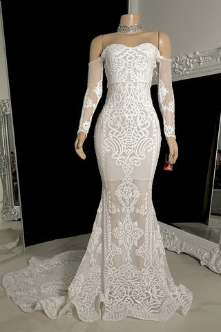 Modernes weißes Meerjungfrau-Ballkleid mit langen Ärmeln, schulterfrei, lang