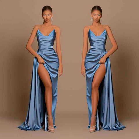 Modest Dusty Blue Sweetheart Prom Dresses Mermaid Slit Long On Sale