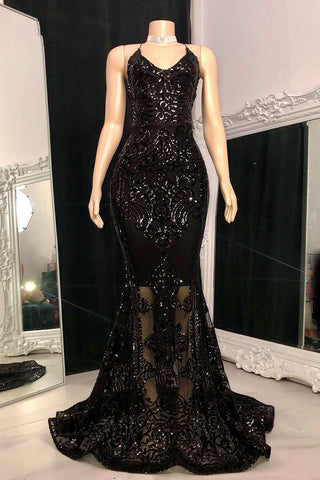 Bescheidenes Neckholder-Abendkleid mit V-Ausschnitt, ärmellos, Meerjungfrau, lang