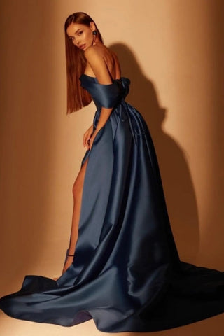 Modest Long Navy Blue A-line Off-the-shoulder Evening Prom Dresseses With Split Online