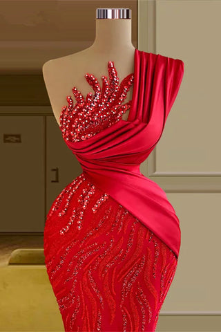 Schlichtes langes rotes Meerjungfrau-Abendkleid mit einer Schulter und Spitze und Pailletten
