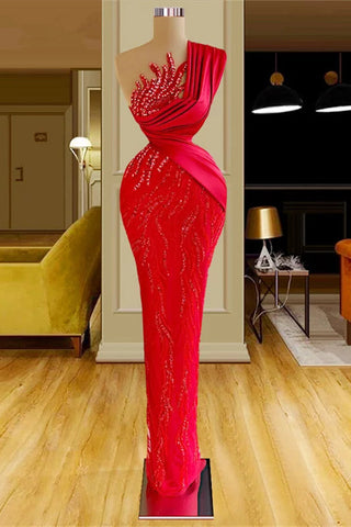 Schlichtes langes rotes Meerjungfrau-Abendkleid mit einer Schulter und Spitze und Pailletten