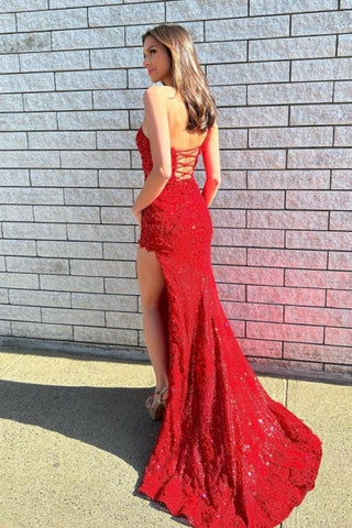 Schlichte lange rote One-Shoulder-Glitzer-Spitze Abend- und Ballkleider mit Schlitz online