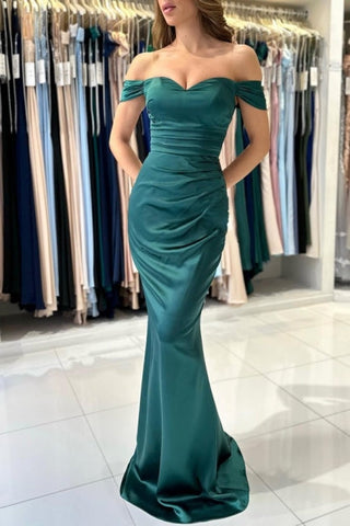 Modest Modest Long Dark Green Off-the-shoulder Mermaid Sleeveless Evening Gown