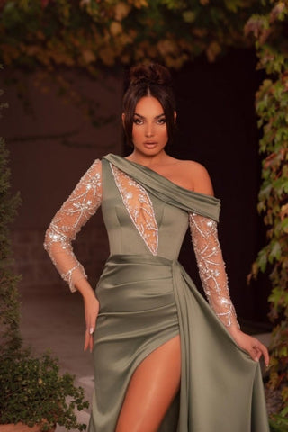 Modest One Shoulder Beading Split Long Evening Prom Dresseses With Long Sleeves