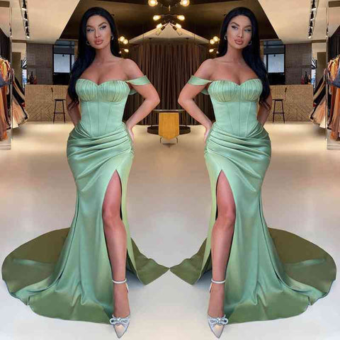 Modest Sage Green Off-the-Shoulder Prom Dresses Mermaid Slit
