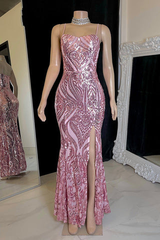Schlichtes Meerjungfrau-Ballkleid mit Spaghettiträgern, Pailletten, ärmellos und Schlitz