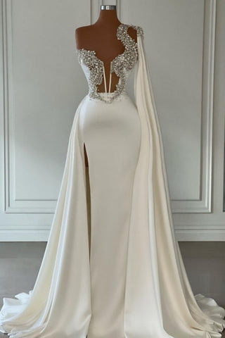 Modest White A-line One Shoulder Long Glitter Evening Prom Dresseses With Split Online